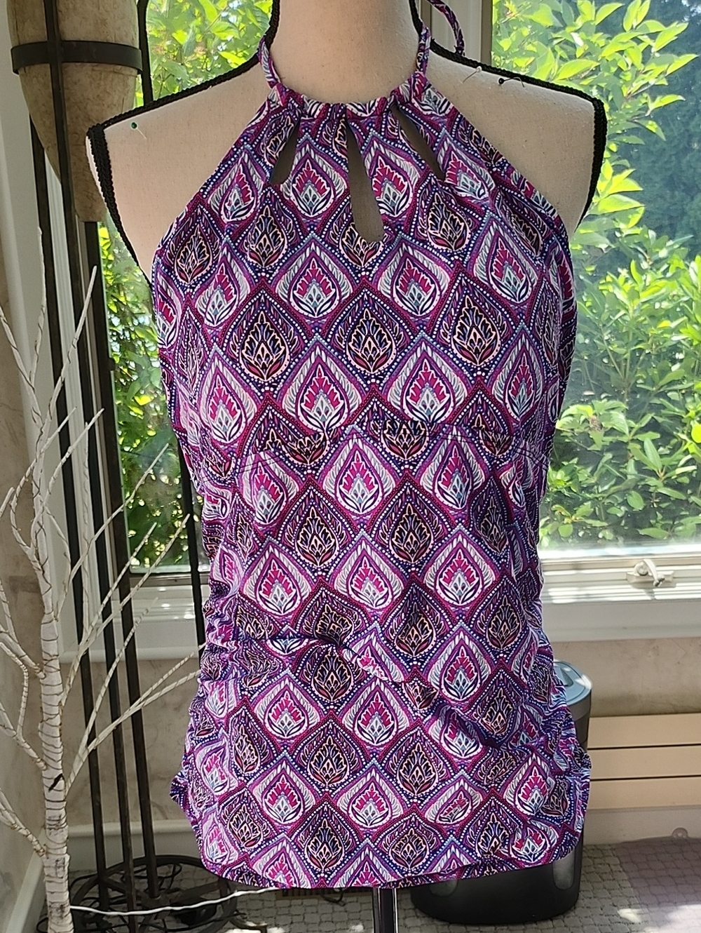 Sleeveless Halter  Swim  Top in Purple Geometric Print